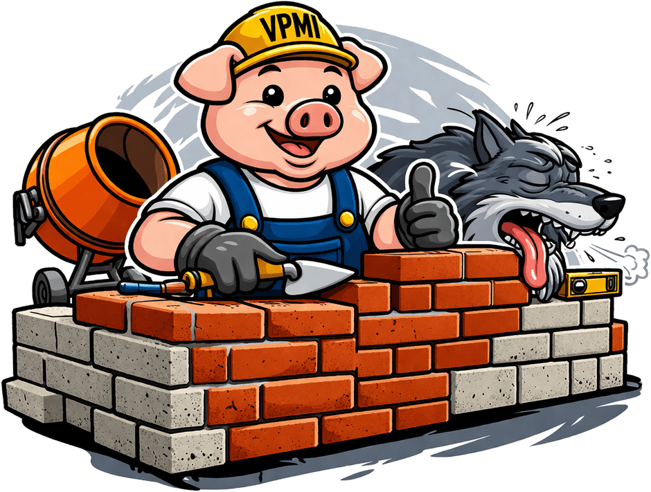 Logo VPMI : un cochon maçon monte un mur de briques